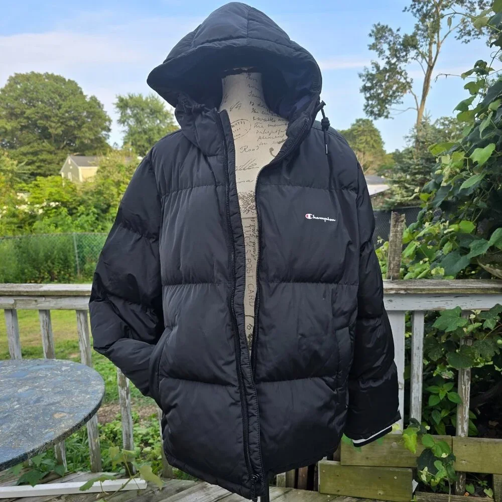 Champion Quilted Puffer Hooded Jacket Dark Blue Full Zipper Men's Size XL - Picture 9 of 11